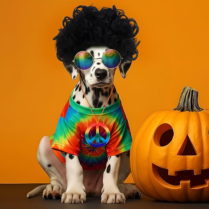Kinlop 4 Pcs Hippie Dog Costume Halloween Pet Costume Accessories Includes 60s 70s Colorful Tie Dye T-Shirt Funky Wig Peace Sign Necklace and Sunglasses for Party Dress up(Large)