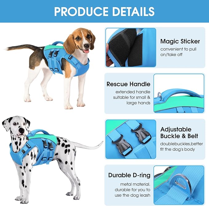 Queenmore Dog Life Jacket, Adjustable Ripstop Dog Life Vest for Swimming Boating, Pet Lifesaver with Superior Buoyancy and Rescue Handle, Pet Swimming Safety Vest(Blue,L)
