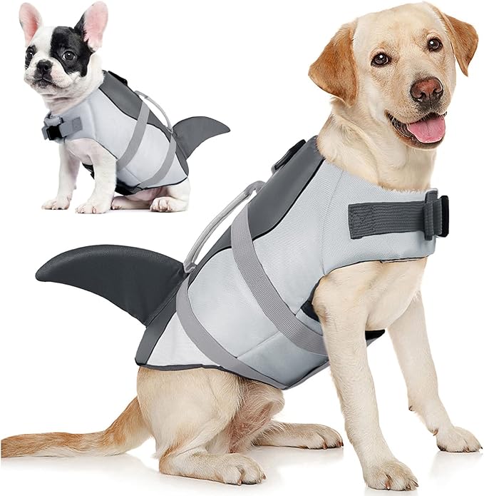 AOFITEE Dog Life Jacket, Dog Life Vest for Swimming, High Flotation Large Dogs Swim Vest with Rescue Handle and Reflective Stripe, Dogs Lifesaver Swimsuit for Boating Summer Pool Beach, Grey Shark XL