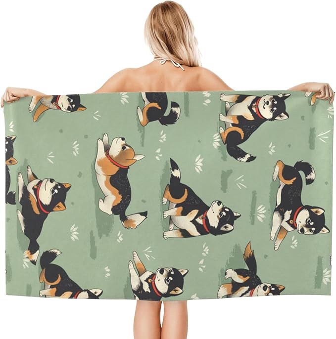 Cute Shiba Inu Beach Towel,32x52in Microfiber Quick Dry Cartoon Dog Puppy Green Bath Towels,Soft Lightweight Oversized Sand Free,for Travel Pool Swimming Gym Decor,Gifts