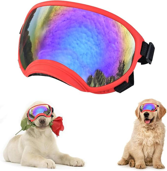 Soft Samll Dog Sunglasses Dog Goggles for Large Breed UV/Wind/Dust Protection Winproof Dog Puppy Sunglasses Pet Glasses Eye Wear with Adjustable Strap (Red Frame & Bule Lens/Large)