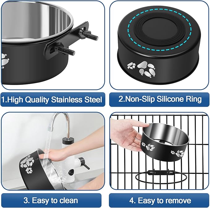 2-in-1 Dog Crate Water Bowl Hanging,2 Pack Stainless Steel Water Food Bowl No Spill for Crate Cage,Kennel Bowls Mountable Dog Dish Feeder Coop Cup with Non-Slip Base for Dogs Cats Bunny Ferret Bird