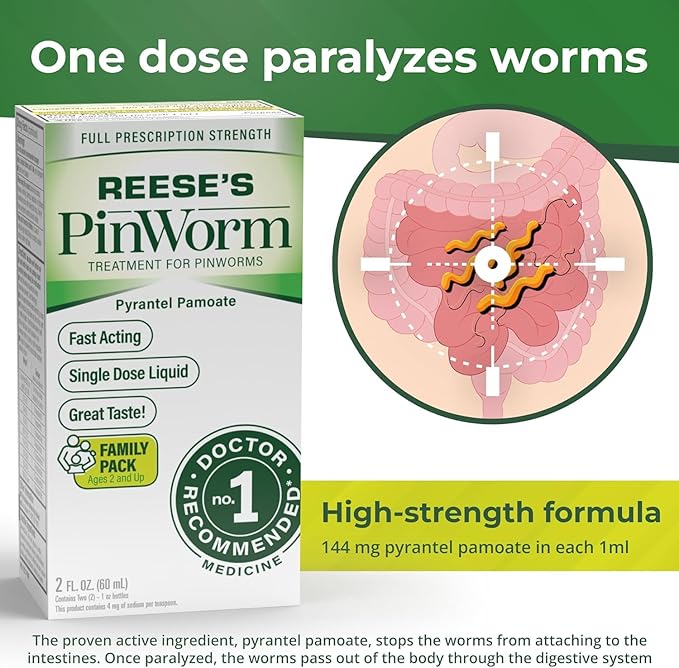 REESE'S PINWORM Medicine Liquid for Entire Family, Full Prescription Strength, 1 Oz, Pack of 5, #1 Doctor Recommended Single Dose Pyrantel Pamoate Dewormer for Adults & Kids Ages 2+, Banana Flavor