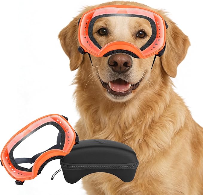 PETLESO Dog Goggles for Large Breed, Clear Dog Sunglasses Anti-UV Wide View Medium Large Pet Eye Protection for Driving Riding Hiking, Adjustable Straps, Orange
