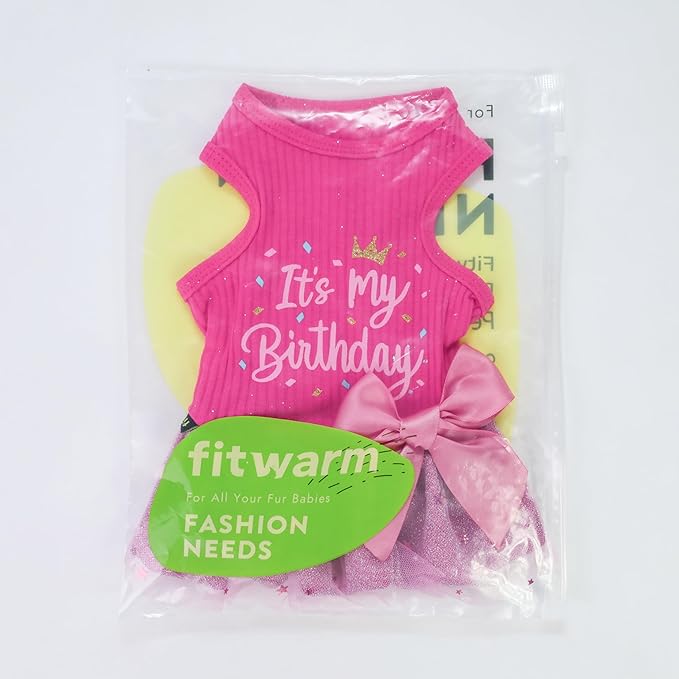 Fitwarm It's My Birthday Dog Dress - Pink, Small Dog Girl's Funny Birthday Dress with Bowknot