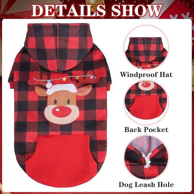 EXPAWLORER Plaid Dog Hoodie - British Style Warm Dog Sweater Shirt with Leash Hole,Pitbull Clothes Outfits,Winter Coat for All Breeds Puppy Girl Boy-Cat Apparel,Christmas Buffalo Check X-Large