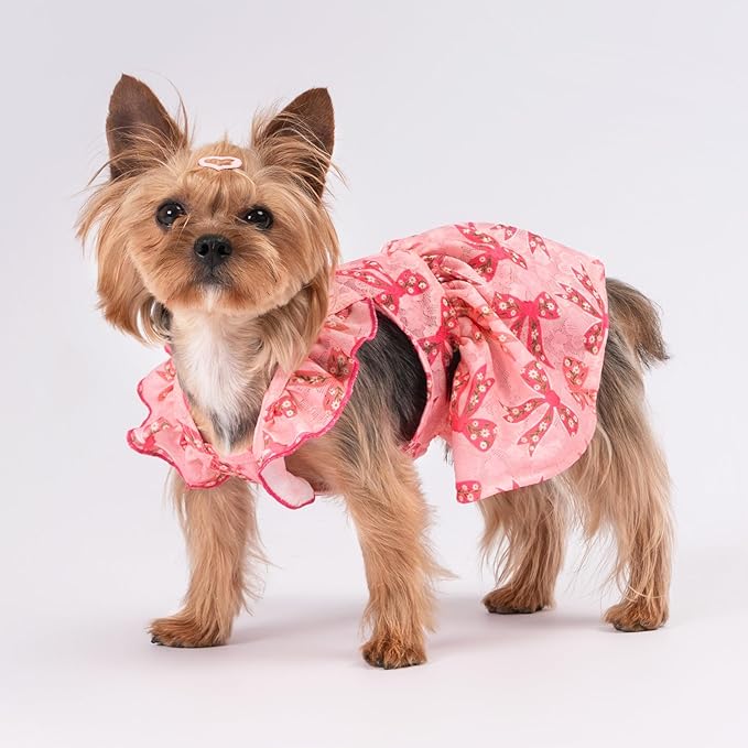 Fitwarm Ruffle Sleeves Bowknot Dog Dress, Birthday Clothes for Small Dogs Girl, Pet Outfit, Pink, XS