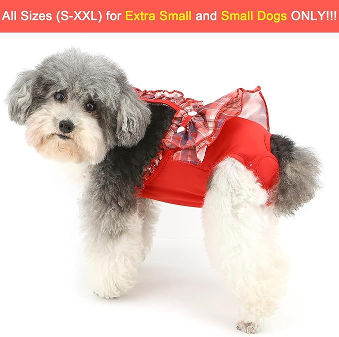 Zunea Washable Female Small Dog Diapers for XS/S Size Dogs Adjustable Suspender Reusable Puppy Sanitary Diaper Pantie Cute Plaid Nappies Skirt for Doggy Chihuahua Yorkie in Heat Red L