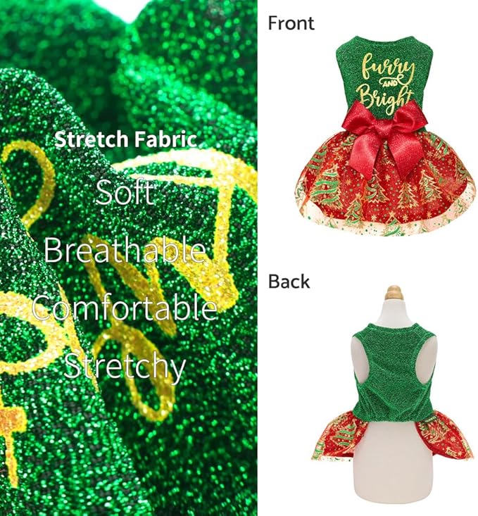Fitwarm Sparkly Dog Christmas Outfit, Tulle Dress, Winter Clothes for Small Dogs, Christmas Tree Outfit, Red, Green, Golden, XS