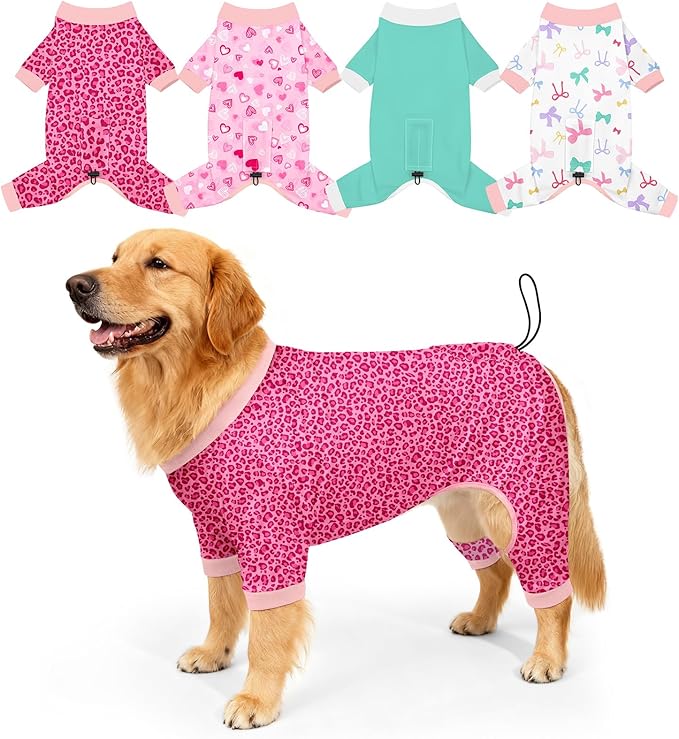 Bienbee Dog Pajamas, 4 Pack Dog Recovery Suit Shedding Suit Cute Soft Puppy Clothes Dogs Pjs Onesies Jammies Adjustable Breathable & Stretchy Clothes for Small Medium Large Dogs Girl Boy Puppy-2XL