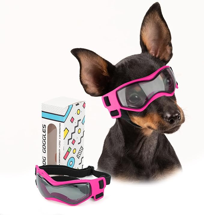 PETLESO Dog Goggles Small Breed, Dog Sunglasses UV Protection Puppy Eyewear for Small Pet Outdoor Riding Driving, Pink S