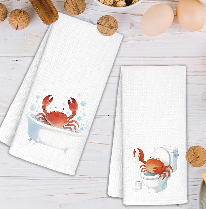Funny Red Crab Bathroom Hand Towels Set of 2, Crab Gifts, Kids Bathroom Decor, Coastal Nautical Beach Hand Towels for Bath Room Washroom Toilet, 16x24 Inch