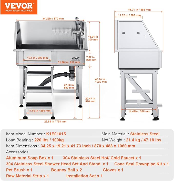 VEVOR 34" Dog Wash Station with Ramp, Durable Stainless Steel Pet Bathing Tub, Includes Storage Drawer, Faucet & Accessories, Suitable for Large to Small Dogs, Home Use Washing Basin (Right)