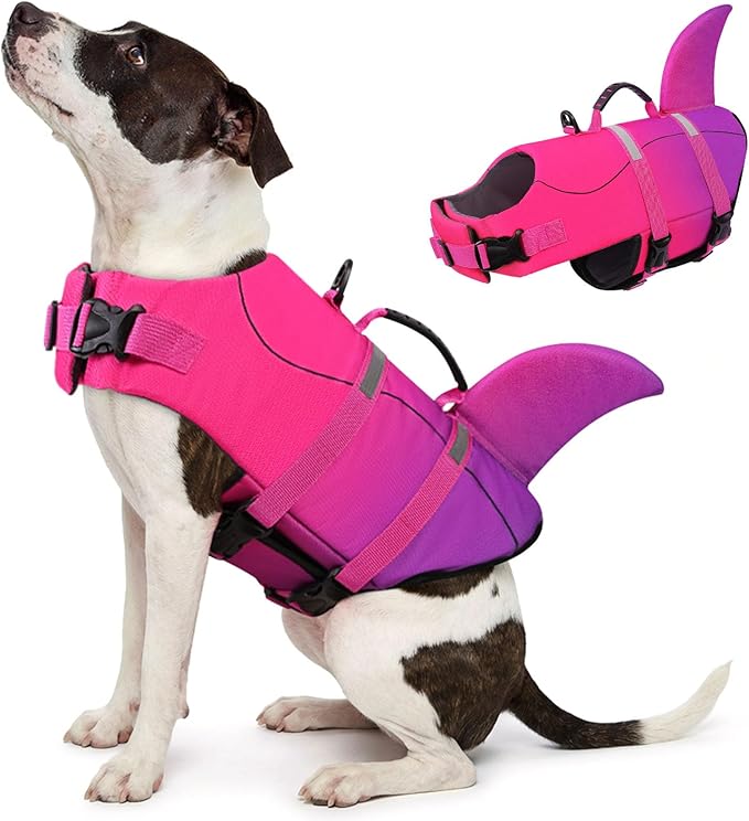 Queenmore Dog Life Jacket High Flotation, Reflective Dog Life Vest for Swimming, Adjustable Dogs Life Preserver Rescue Handle Spring Summer Pool for Small, Medium, Large Dogs (Pink Purple,S)