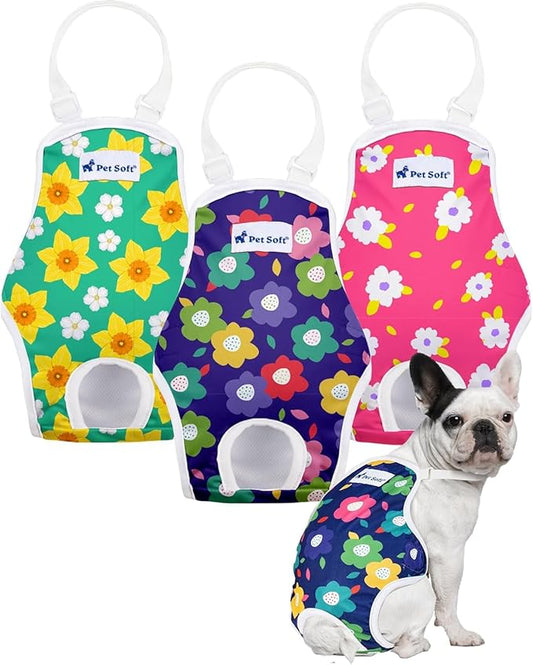 Pet Soft Dog Diapers Female Onesie Sanitary Pantie with Adjustable Suspender, Colorful Pattern Washable Puppy Diapers Female, Super Absorbent Underwear Dog Diaper for Heat (Floral, Mini-Small)