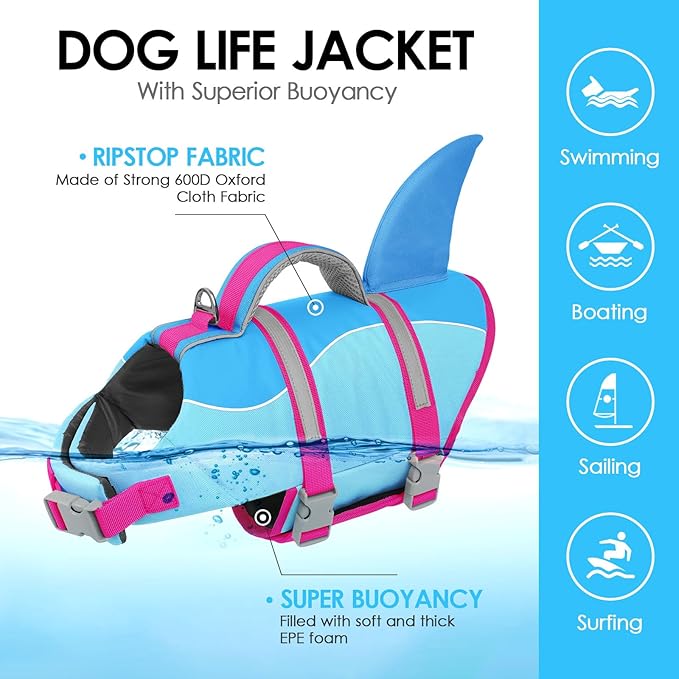 AOFITEE Dog Life Jacket Large, Shark Dog Life Vest for Swimming Boating, High Flotation Reflective Dogs Swimming Vest Lifesaver with Rescue Handle, Pet Swimsuit for Small Medium Large Dogs, L