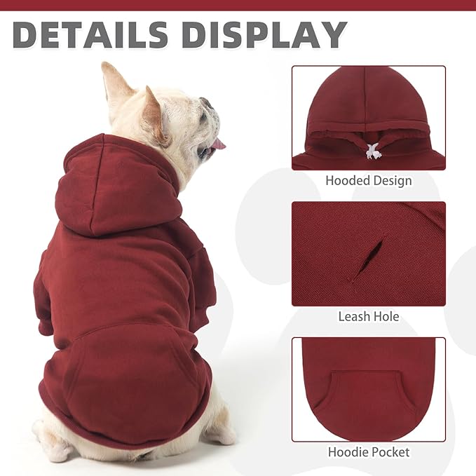 KOOLTAIL Dog Hoodie for Large Medium Small Dogs,Soft&Warm Pet Sweater with Leash Hole and Pocket Boy Girl,Puppy Fall Winter Jacket Clothes,French Pitbull Cold Weather Coat Sweatshirt,Deep Red M