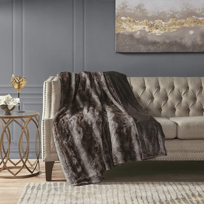 Madison Park Zuri Soft Plush Luxury Oversized Faux Fur Throw Animal Stripes Design, Faux Mink On The Reverse, Modern All Seasons Blanket for Bed, Sofa Couch, Office, Brown, 60x70"