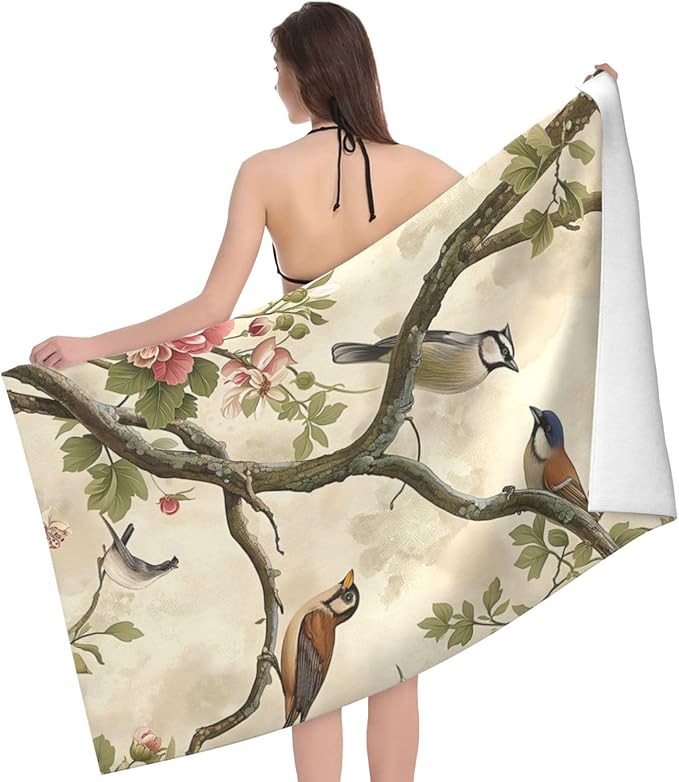 Vintage Floral Bird Beach Towel Birds Sand-Free Microfiber Bath Towel Ultra Soft Quick Dry Pool Towel Absorbent Towel Lightweight Towel Gifts for Outdoor Bathroom Swimming Decor 31inx51in
