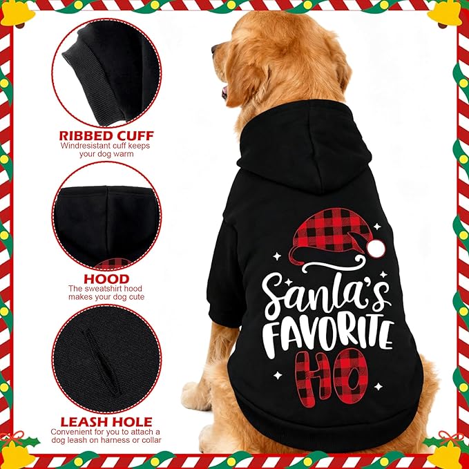 EXPAWLORER Dog Christmas Hoodie - Dog Christmas Sweater Xmas Sweatshirt with Santa Hat Print, Warm Fleece Lined Holiday Pet Outfit with Leash Hole, Cozy Soft Pet Clothes Coat for Large Dogs, L