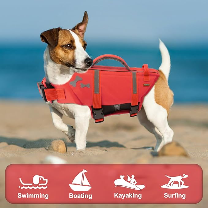 EMUST Life Jackets for Dogs, Adjustable Small/Medium/Large Dog Swim Vest for Water Safety Pet Life Vest with Rescue Handle Safety Vest for Swimming Pool Beach Boating, XL, NewRed