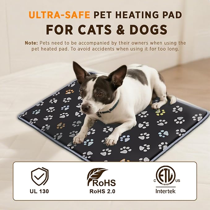 furrybaby Dog Heating Pad (24 x 16 in), Waterproof Pet Heating Pad for Dogs & Cats, Timer or Always-On Mode, Adjustable Temperature, Chew-Resistant, Black