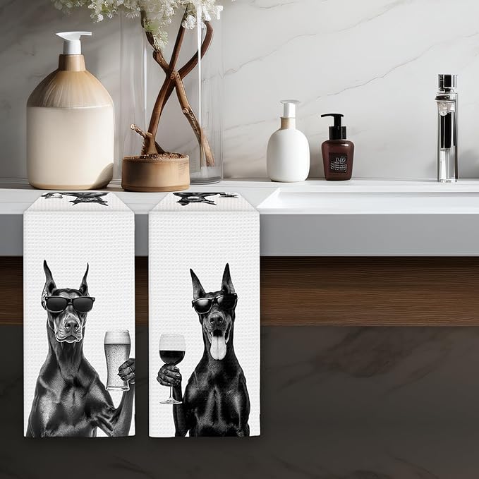 Doberman Gifts Wine Kitchen Towels Set of 2, Funny Doberman Wine Lover Decorative Hand Dish Towel for Kitchen Home Bar, Gifts for DobermanDog Beer Lovers Home Bar Cart Decor(16x24Inch)