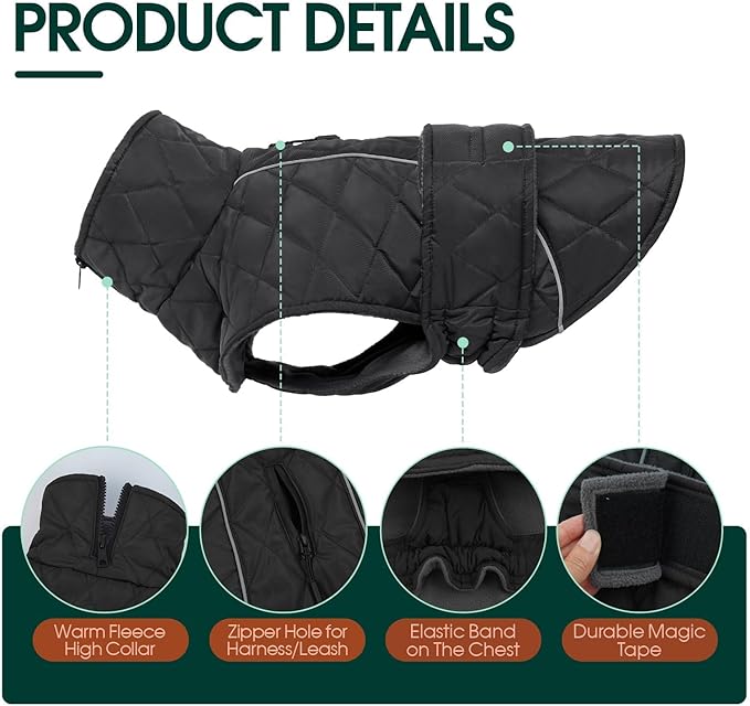 Kuoser Dog Winter Coat Waterproof Dog Snow Jacket, Warm Fleece Lined Pet Turtleneck Snowsuit Puppy Cold Weather Coats with Harness Hole, Adjustable Winter Vest for Medium Large Dogs, Grey, L