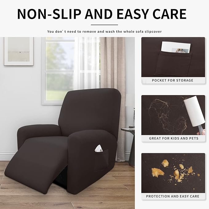 Easy-Going 4 Pieces 100% Dual Waterproof Recliner Cover Stretch Soft Couch Cover for Dogs, Sofa Slipcover for Recliner Couch Leakproof Furniture Protector for Kids, Pets Chocolate