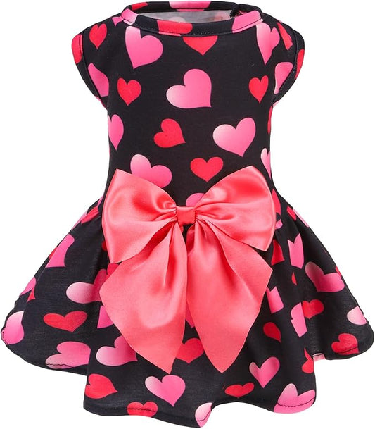 PUPTECK Print Dog Spring Dress Pet Costumes Apparel with Cute Bowtie Puppy Clothes Outfit, Heart, M