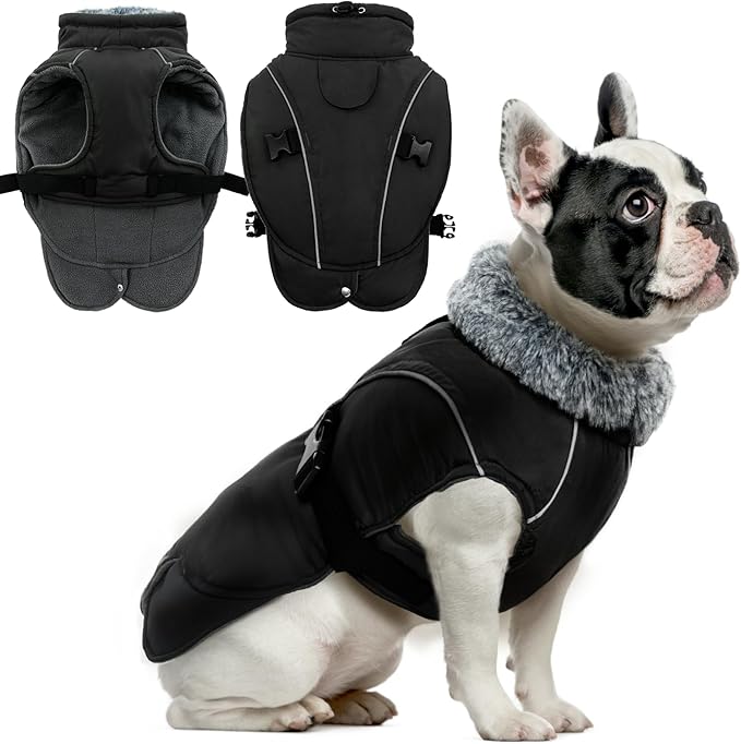 DENTRUN Winter Warm Dog Coat Reflective Jacket with Turtleneck for Cold Weather, Adjustable Buckle Windproof Water Repellent, Thick Snowsuit Fleece Vest for Small, Medium, Large Dogs, Black, M