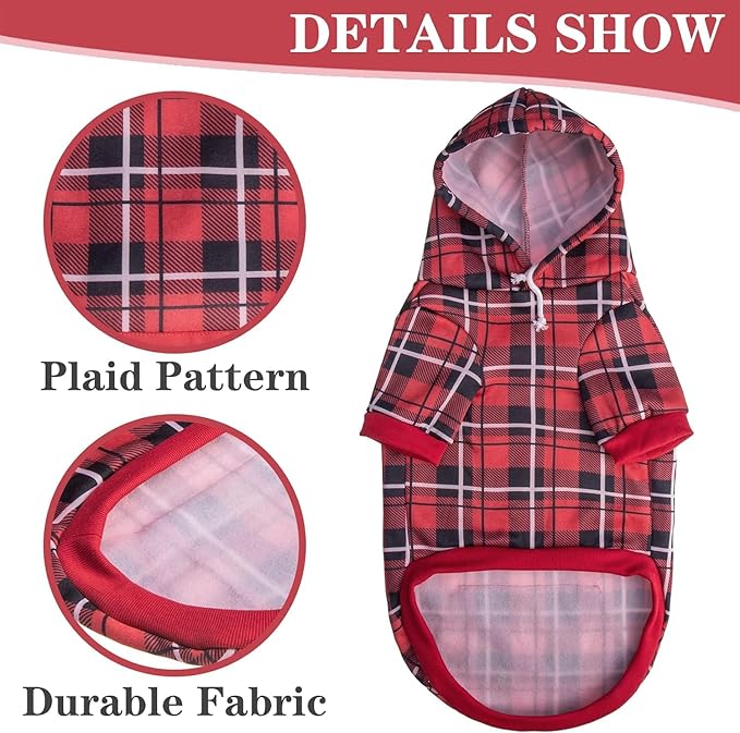 EXPAWLORER Plaid Dog Hoodie - British Style Warm Dog Sweater Shirt with Leash Hole,Pitbull Clothes Outfits,Winter Coat Apparel for All Breeds Puppy Girl Boy-Cat Apparel,Red Large