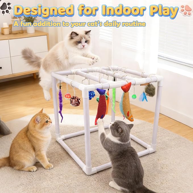 BABORUI Cat Play Gym, Indoor Hanging Activity with 15 Toys, Cat Toys to Keep Them Busy, Adjustable Cat Playground for Indoor Cats at Home