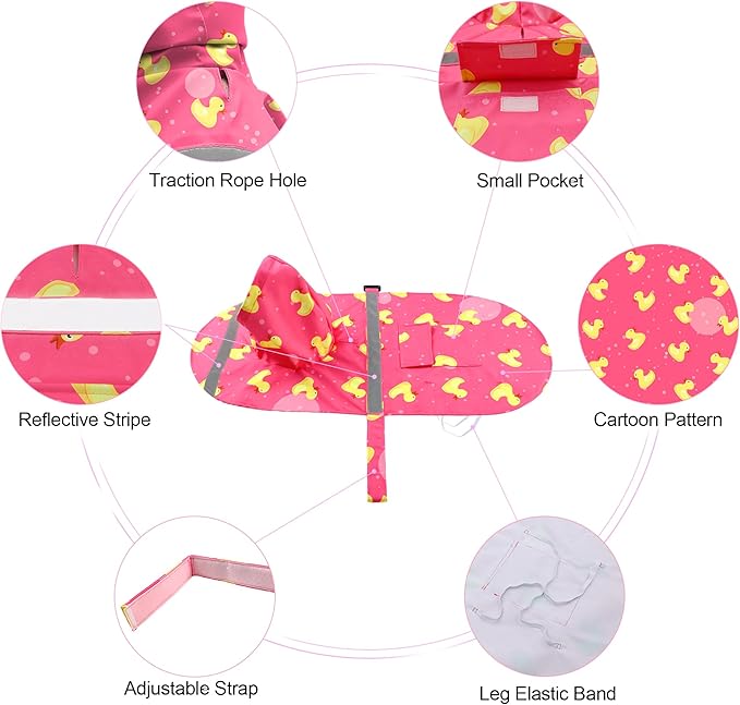 DELIFUR Large Dog Raincoat- Waterproof Dog Rain Poncho Adjustable Double Layer Rain Jacket with Hood for Medium Large Dogs Designed with Leash Hole Reflective Strip and Ducks (Pink Duck, XXX-Large)