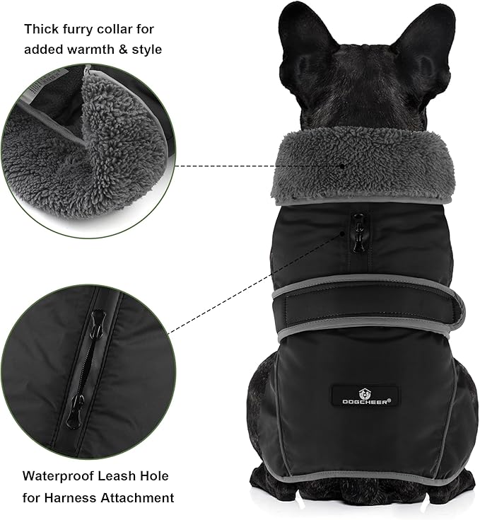 Dogcheer Dog Coat, Waterproof Dog Jacket Reflective Pet Winter Coat with Adjustable Hook & Loop, Christmas Puppy Fleece Jacket Warm Turtleneck Snowsuit for Small Medium Large Dogs - Black, L