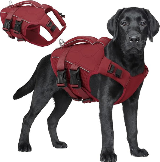 ASENKU Dog Life Jacket, High Floatation Dog Swimming Vest with Rescue Handles for Small Medium Large Dogs, Pet Safety Swimsuit Preserver for Pool Beach Boating (WineRed, 2XL)