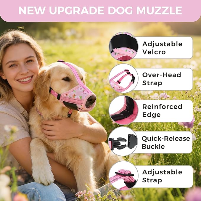 PAWCHIE Dog Muzzle, Soft Muzzle Anti Biting Barking Chewing, Comfortable Air Mesh Mouth Guard Breathable Adjustable Loop Pets Muzzle for Small Medium Large Dogs,Allows Panting Drinking,Pink Flowers M