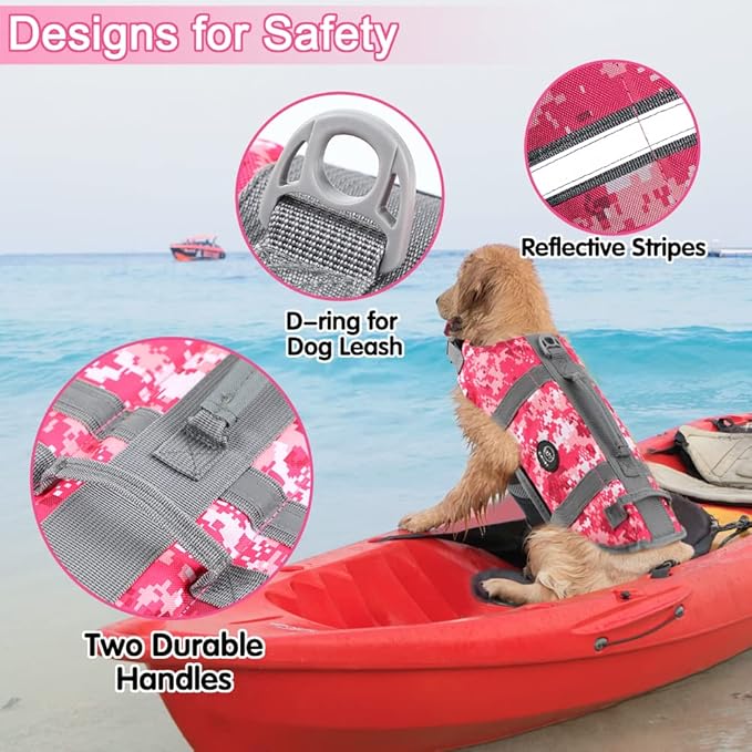 EMUST Dog Life Vests, Adjustable Pet Life Jacket with Rescue Handle, Dog Flotation Vest for Small/Medium/Large Dogs, XS, NewPinkCamouflage
