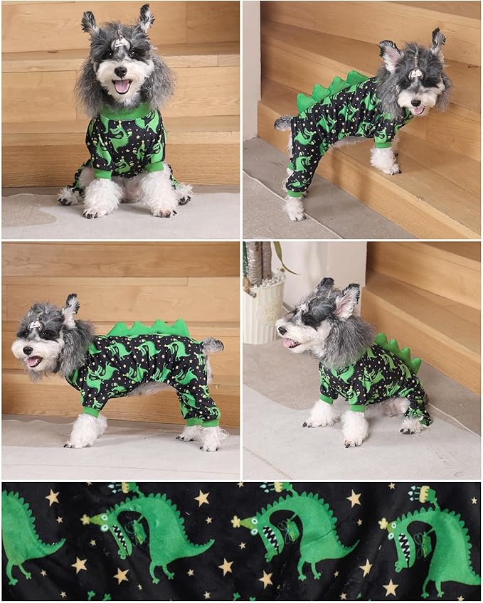CuteBone Dinosaur Costume Dog Pajamas, Stretchy Spandex Crystal Velvet Sleepwear Coat for Small Dogs, Soft & Warm Pet Outfit Clothes for Cold Weather, Cozy Pullover Design COSP14M