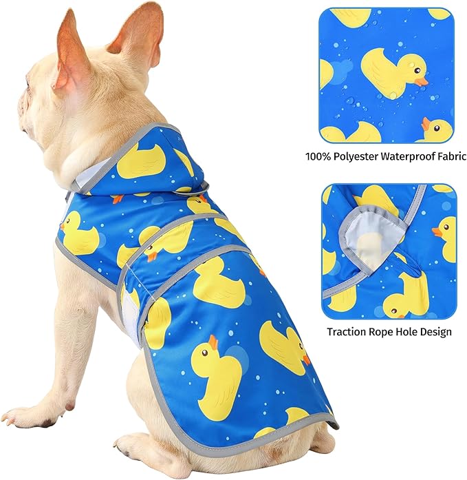 Dog Raincoat for Medium Dogs Waterproof Jacket Hooded Rain Coats with Reflective Strips Leash Hole & Poncho Adjustable Fit (ShinyDuck,M)
