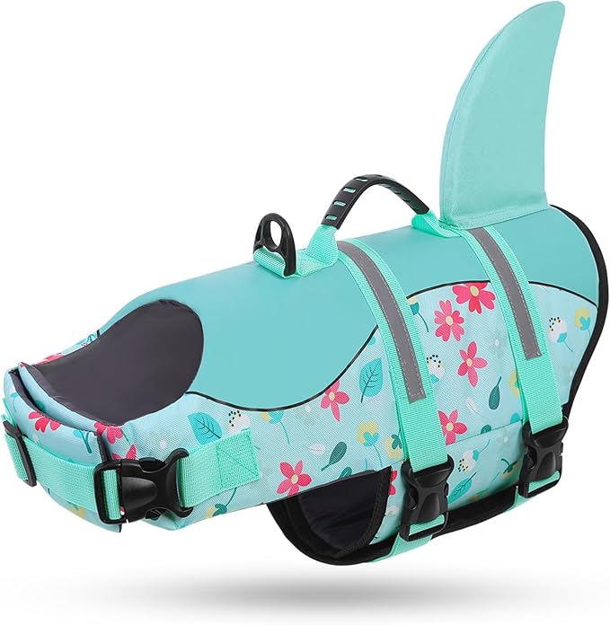 Queenmore Dog Life Jacket, Dog Life Vest for Swimming, High Buoyancy Shark Swimming Safety Vest for Extra Large Dogs, Reflective Pet Lifesaver Preserver with Rescue Handle, Blue Flower 2XL