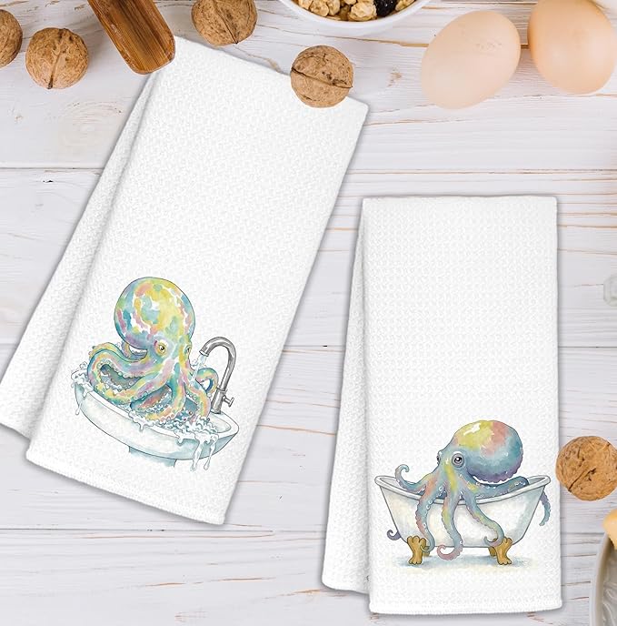 Funny Octopus Coastal Ocean Bathroom Hand Towels Set of 2, Octopus Gifts, Kids Bathroom Decor, Coastal Nautical Beach Hand Towels for Bath Room Washroom Toilet, 16x24 Inch