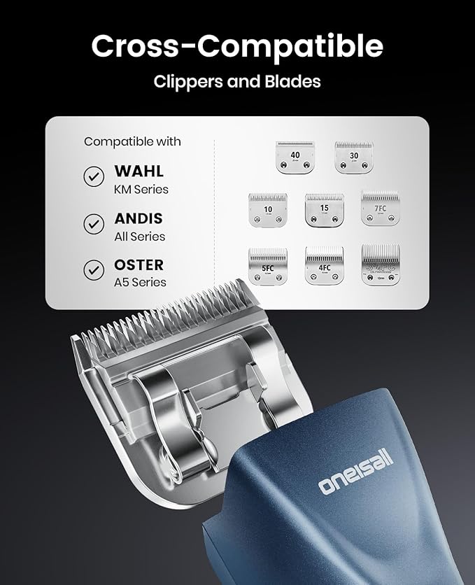 oneisall Professional Dog Clippers for Grooming with Dual Battery, Unlimited Runtime, Professional Dog Grooming Clippers 2 Speed for Thick Long Curly Matted Hair,A5 Blade, Metal Guide Combs