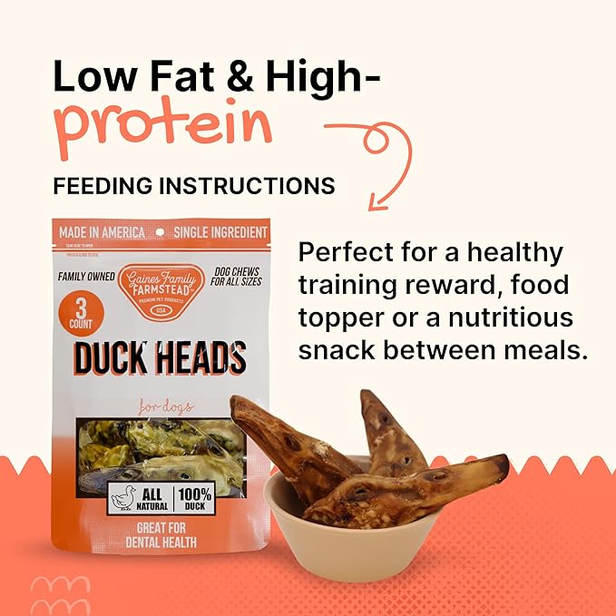 Gaines Family Farmstead Duck Heads for Dogs – 3 Count, Single Ingredient, Dehydrated Dog Chews – High in Protein, Supports Dental Health & Joint Care – Rawhide-Free Treats, Made in USA