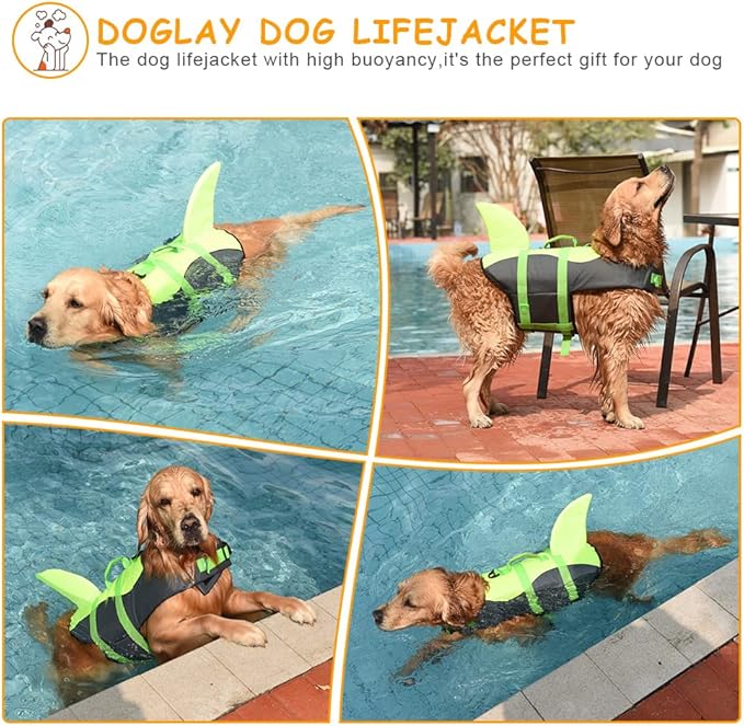 Doglay Dog Life Jacket, Ripstop Cute Shark Dog Life Jacket with Superior Buoyancy and Rescue Handle, Adjustable Dog Life Vests for Swimming Boating, Pet Flotation Vest for Small Medium Large Dogs