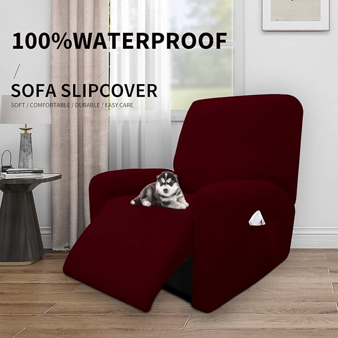 Easy-Going 4 Pieces 100% Dual Waterproof Recliner Cover Stretch Soft Couch Cover for Dogs, Sofa Slipcover for Recliner Couch Leakproof Furniture Protector for Kids, Pets Wine