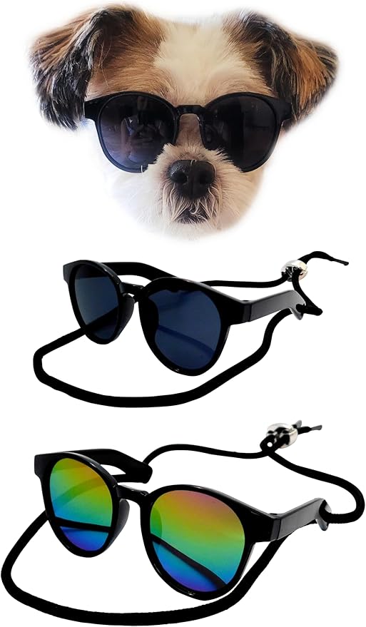 G014 Dog Cat Pet Panto Round Sunglasses up to 15lbs (2-Pack Panto Black + Panto Black-Rainbow Mirror)