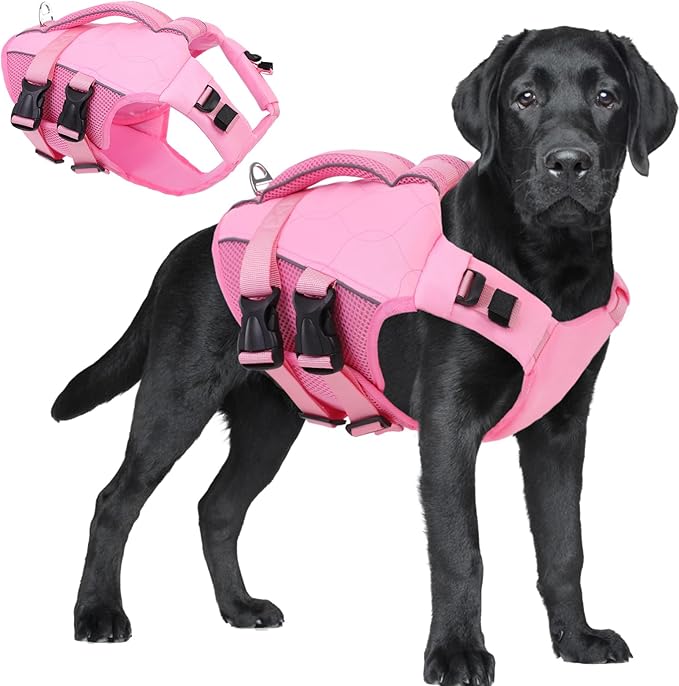 ASENKU Dog Life Jacket, High Floatation Dog Swimming Vest with Rescue Handles for Small Medium Large Dogs, Pet Safety Swimsuit Preserver for Pool Beach Boating (LightPink, 2XL)