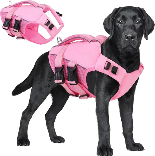 ASENKU Dog Life Jacket, High Floatation Dog Swimming Vest with Rescue Handles for Small Medium Large Dogs, Pet Safety Swimsuit Preserver for Pool Beach Boating (LightPink, 2XL)