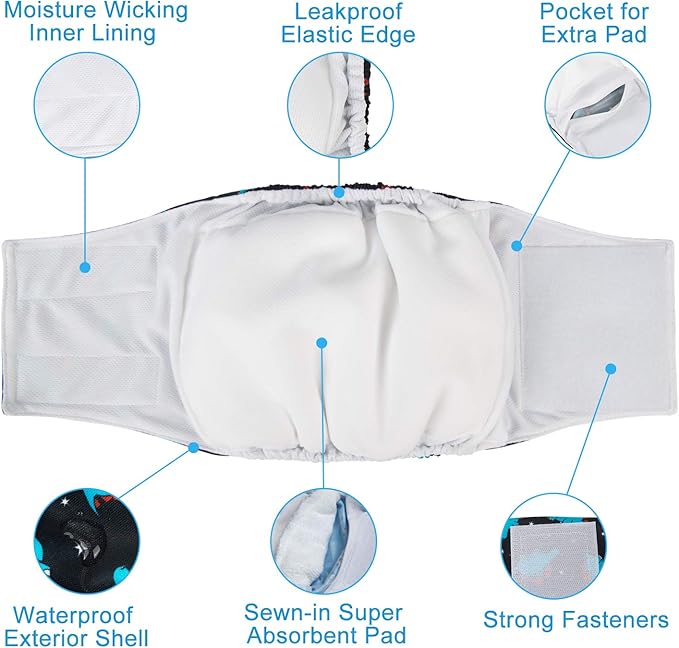 CuteBone Dog Diapers Male Washable Belly Band for Male Dogs Wraps Black 3pcs a Pack DM44M